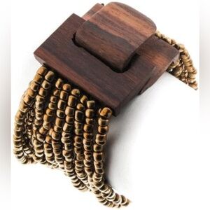 Wood Buckle Brass Cognac Gold Toned Colored Seed Beads Stretch Bracelet